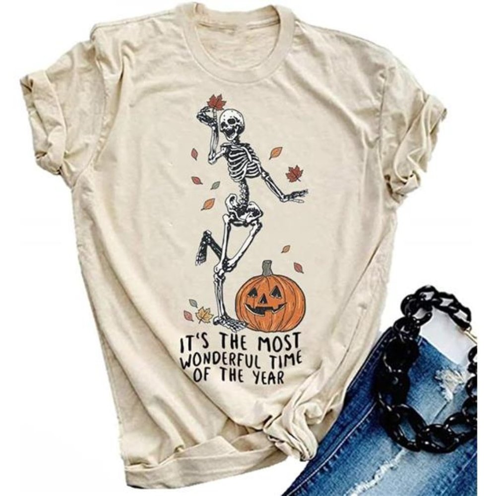 Halloween Skeleton Shirts Women Fall T-Shirts Skull Autumn Pumpkin Graphic Tees